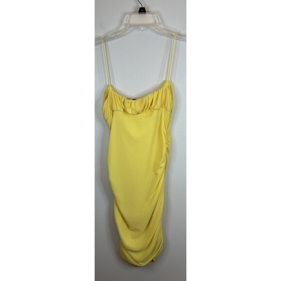 HELLO MOLLY Yellow Gathered Bust Mini Bodycon Dress Large Straps Stretch Spring - Picture 3 of 15